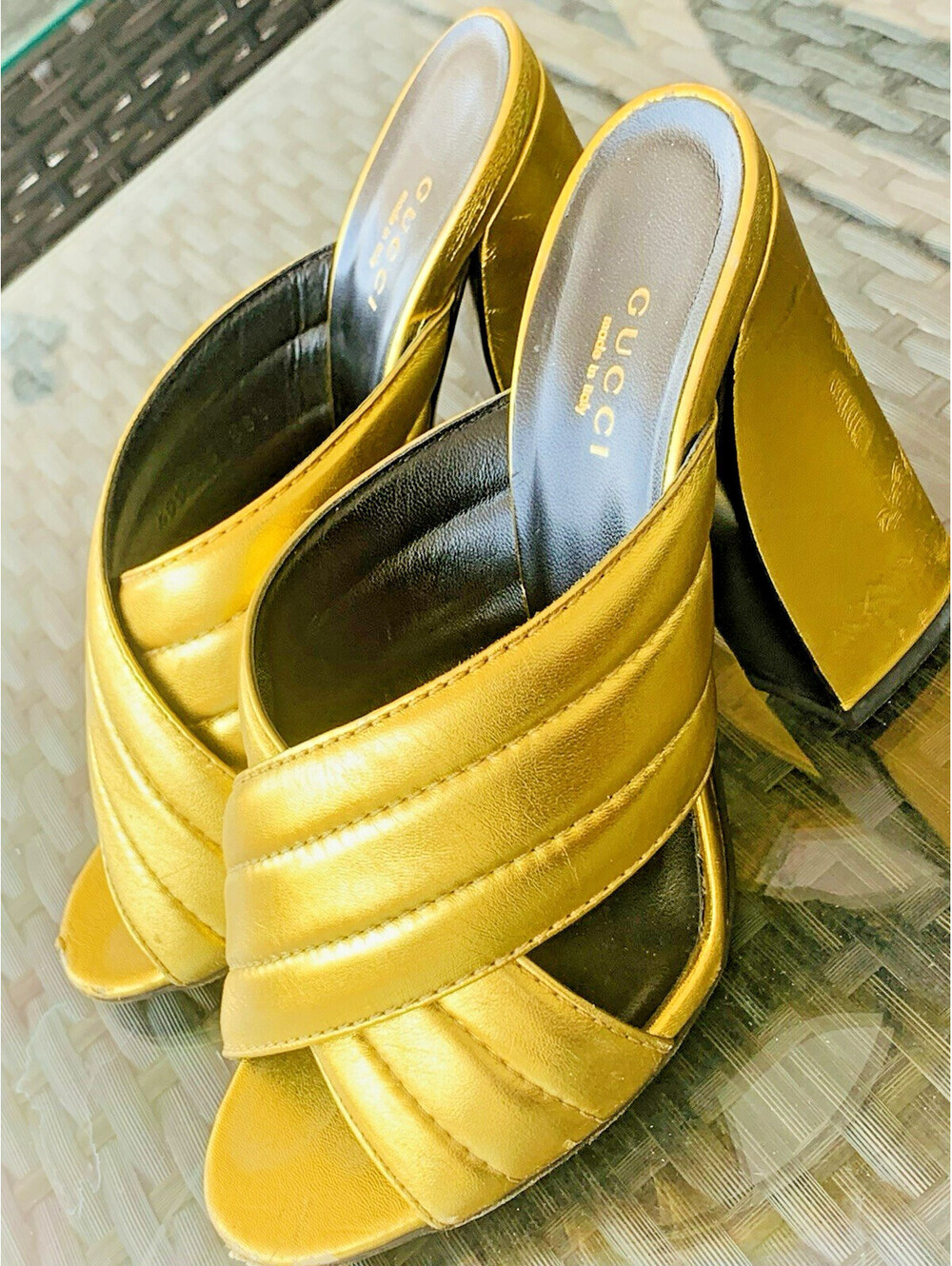 Authentic Gucci Webby Gold Metallic Quilted Leather Mules Slide Sandals 38.5 - Picture 2 of 15